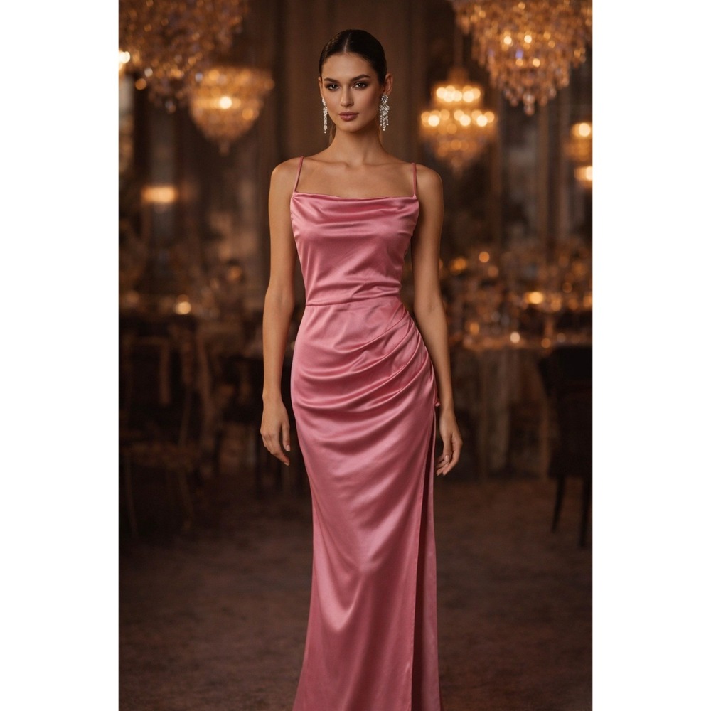 New B.Darlin Formal Gown Sz 5/6 Pink Satin Cowl Neck Ruched Slit Floor Length
